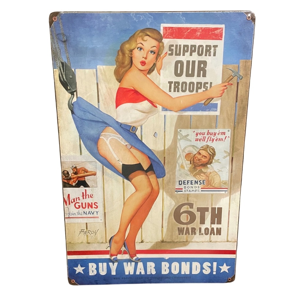 NEW Metal Sign Art Support Our Troops Pin Up Girl Vintage Style Man Cave Garage
